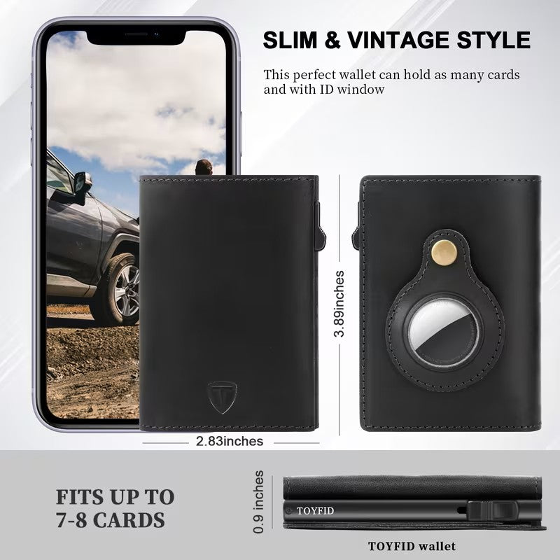 TOYFID Leather Wallet for Men, RFID Blocking Pop up Card Holder with Slide Ejector Button, ID Window, Airtag Slot, Mirror, Large Capacity Organiser for Credit Card/Bank Card/Cash