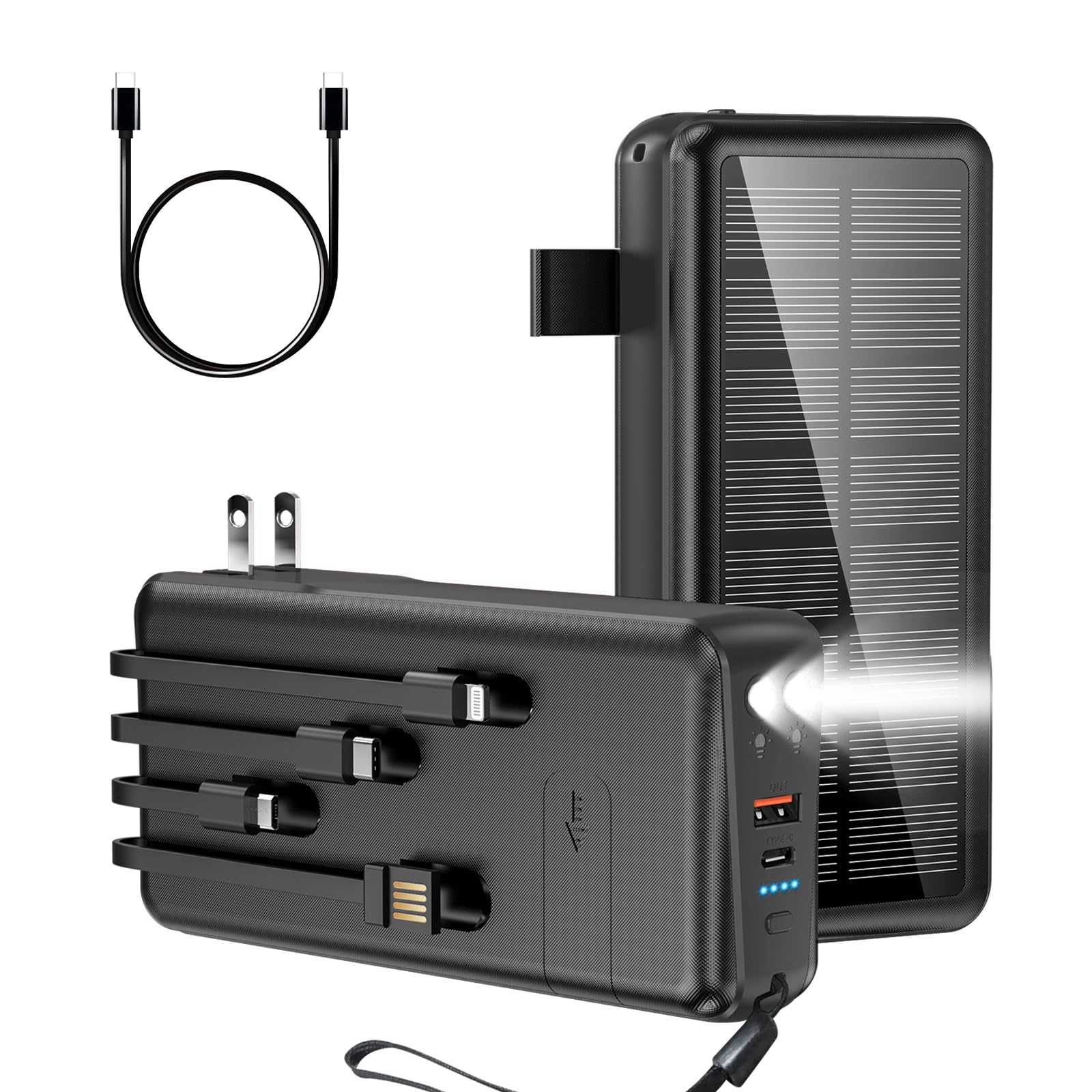 boogostore Cargador Portátil con Cable Incorporado y Enchufe de Pared de 50000mAh PD30W Carga Rápida Banco de Energía Solar con 5 Salidas y 2 Entradas, Doble Linterna LED y Soporte para Teléfono, Batería Externa (Negro)