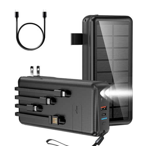 boogostore Cargador Portátil con Cable Incorporado y Enchufe de Pared de 50000mAh PD30W Carga Rápida Banco de Energía Solar con 5 Salidas y 2 Entradas, Doble Linterna LED y Soporte para Teléfono, Batería Externa (Negro)