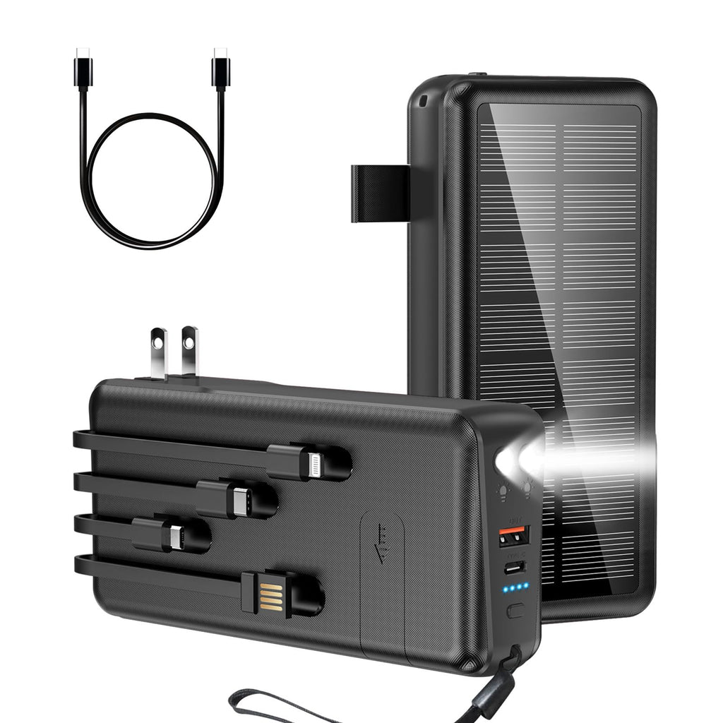 boogostore Cargador Portátil con Cable Incorporado y Enchufe de Pared de 50000mAh PD30W Carga Rápida Banco de Energía Solar con 5 Salidas y 2 Entradas, Doble Linterna LED y Soporte para Teléfono, Batería Externa (Negro)