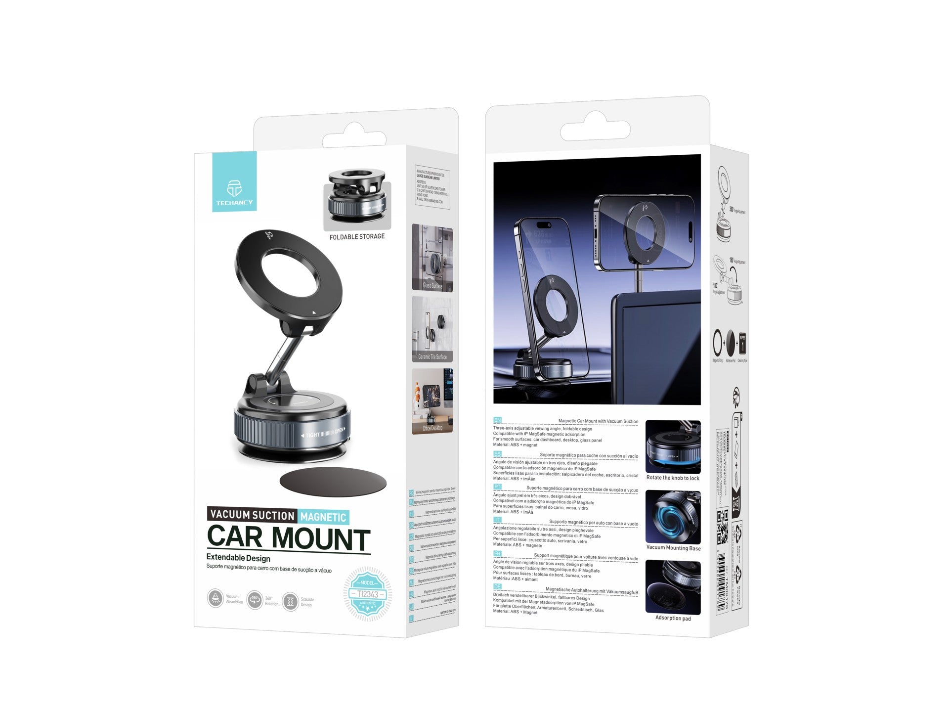 Techancy Suporte Magnetico Carro TI2343 Base Vacio Compatível MagSafe Para Painel Mesa Vidro Angulo Ajustavel Dobrável ABS Iman Preto